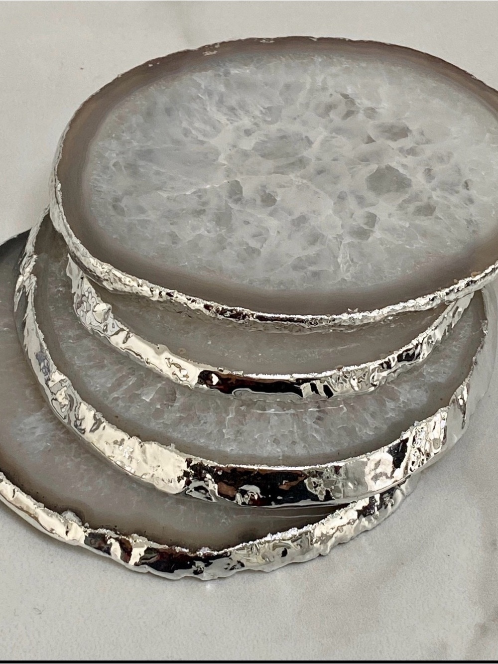 Silver-Trim White Agate Coaster Set - Picture 3 of 7